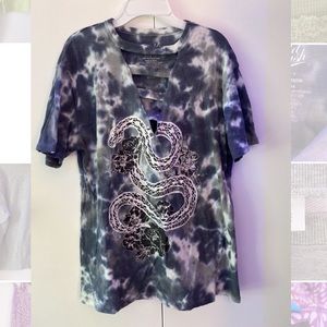 woman's tie dye and snake tee